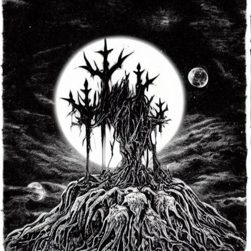 A Rotting Christ in a dark forest with a moon