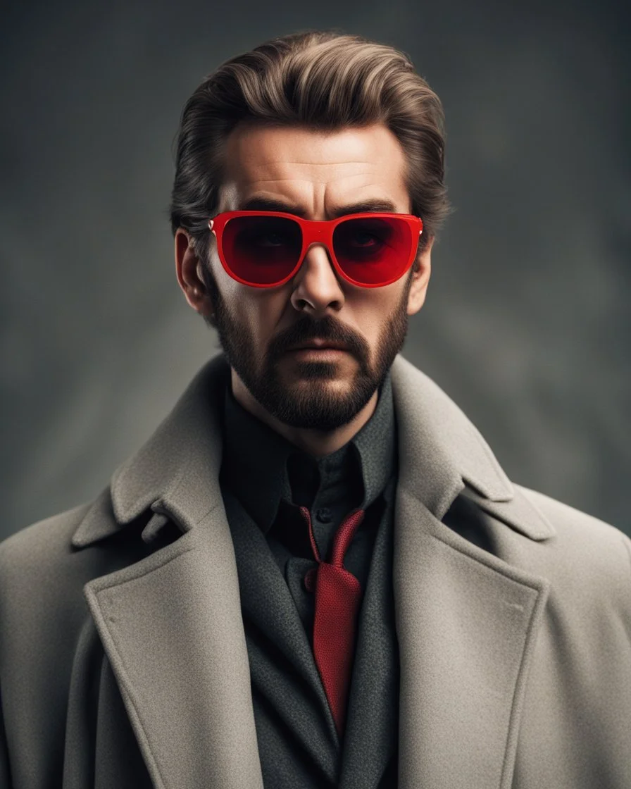 a young man who looks like hans gruber wearing a heavy coat and red sunglasses staring with an irritated look on his face