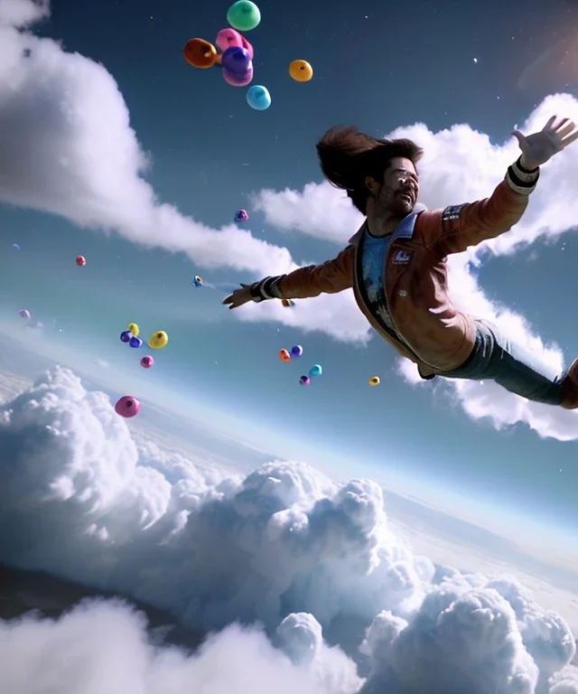 Ultra realistic speed clouds sky scene, wide angle view, strong men falling down with many Childs, circus clothing style, feather color clothing, free jumping flying, many trinkets, hair monster, many jelly beans, balls, color smoke, smile, happy, extreme, wind, clouds sea, 20,000 feet altitude, stratosphere, soft color, highly detailed, unreal engine 5, ray tracing, RTX, lumen lighting, ultra detail, volumetric lighting, 3d, finely drawn, high definition, high resolution.