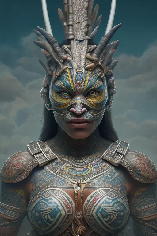  Photorealistic painting Portrait voluptuous female Maori Chief iron maiden rainbow Maori tribal tattoos, bow with arrows, full detail, 8k Neko Erokawa, style of Zootopia