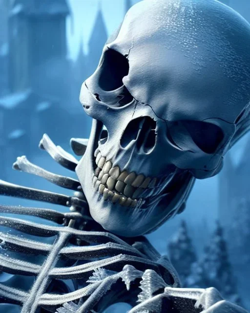 A close up of a frozen skeleton by pascal blanche rutkowski repin artstation hyperrealism painting concept art of detailed character design matte painting, 4 k resolution blade runner, digital Art, perfect composition, beautiful detailed intricate insanely detailed octane render trending on artstation, 8 k artistic photography, photorealistic concept art, soft natural volumetric ci