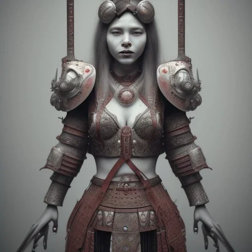 a warrior princess in samurai armor, red tattoo in the face, steam punk, scary, horror, realistic, made in octane, cinematic, movie, CGI, ultra-realistic, extremely detailed octane rendering, 8K, VRAY Super Real ar 2:3, dof photorealistic futuristic 50mm lens hard lighting dark gray tintype photograph, realistic lighting, sephia colors