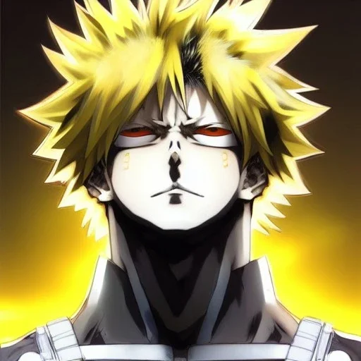 Detailed anime portrait of bakugo from my hero academia, gold hair and golden eyes, black suit, intricate details, full body portrait, keep head in frame, slight smile, black Japanese motif, concept art, highly detailed, digital painting, concept art, sharp focus, illustration, art by Yoji Shinkawa, WLOP and greg rutkowski and alphonse mucha and artgerm and yanjun Chen and Junji ito and Makoto Shinkai, HDR, octane render