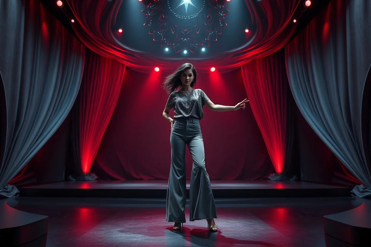 modern stage with gray-dark red theme artistic decoration , color full dynamic lighting, a beautiful lady in pants and blouse with shining silver jewels dancing, 3D recursive fractal structure animating background