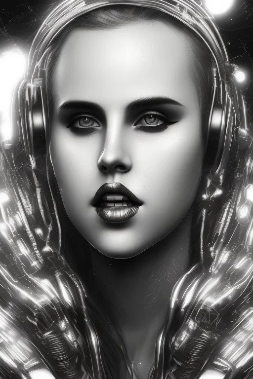 danish singer mø face, cyberpunk, black tones,