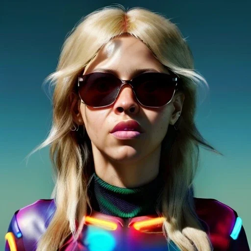 Shakira, artist, 30 years old, Realistic image, waist up portrait, etro style dress. Gucci sunglasses. Blonde, loose long hair, eyes make up, perfect, glow, circle iris. Neon colors, leds, geometric shapes. Dark background. Cyberpunk, concept art, smooth, unreal engine 5, god lights, ray tracing, RTX, lumen lighting, ultra detail, volumetric lighting, 3d, finely drawn, high definition, 4k.