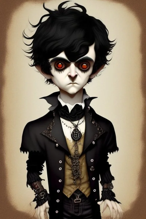 black haired black eyed young man necromancer steampunk Gnome that looks like a young Edgar Allan Poe with gothic jewelry in the style of Charles Addams