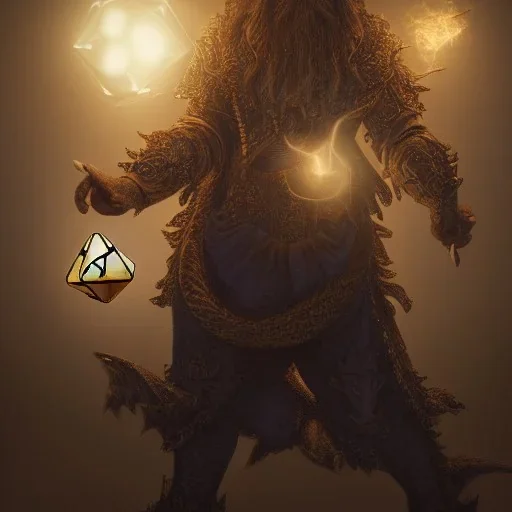 Insanly detailed portrait of a "Dungons and dragons, twilight cleric", holding aloft a glowing D20,bluish gold light emanating from D20, hyperrealism,unreal engine,cinamatic lighting,post processing