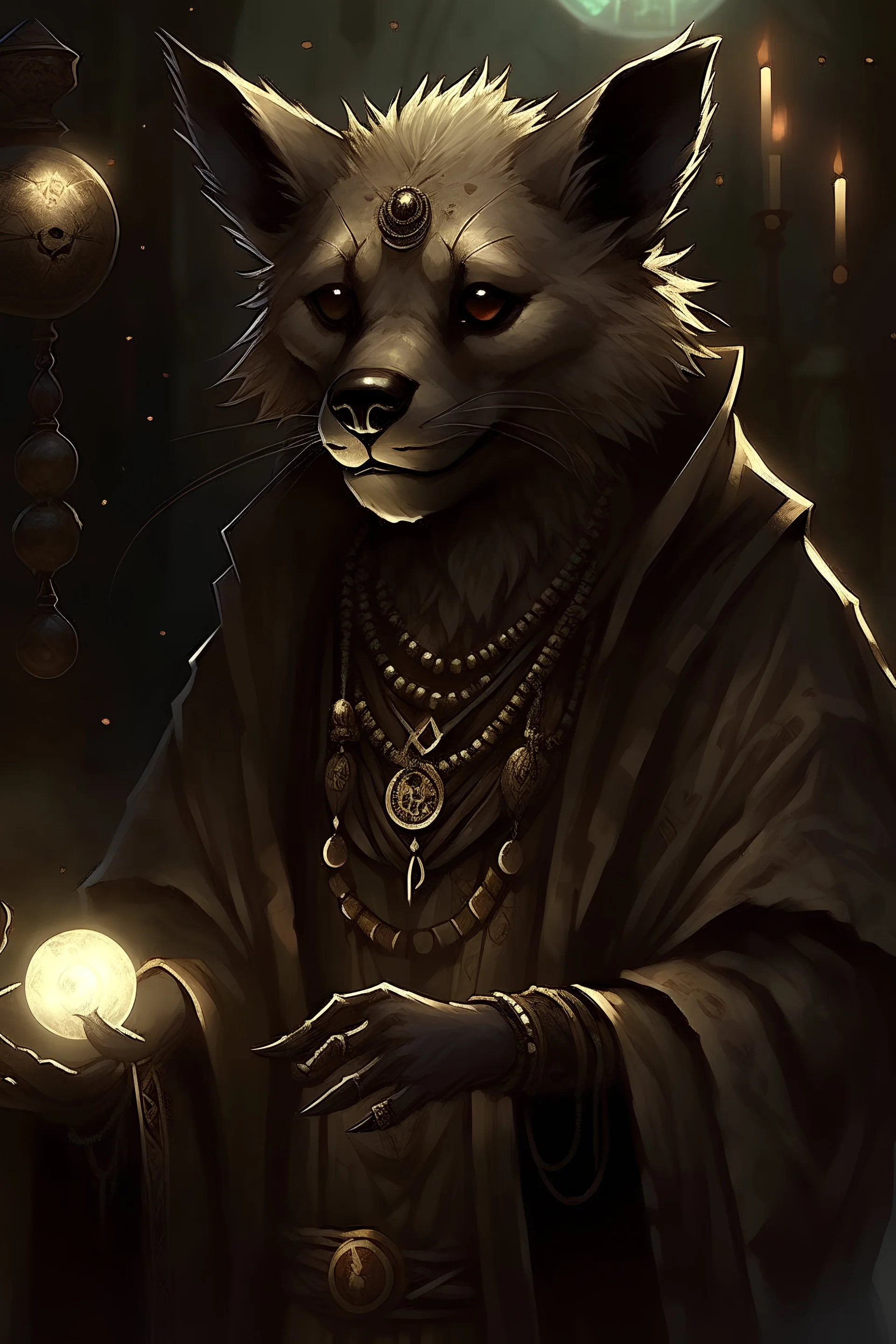 old anthro hyena necromancer surrounded by ominous magic energy