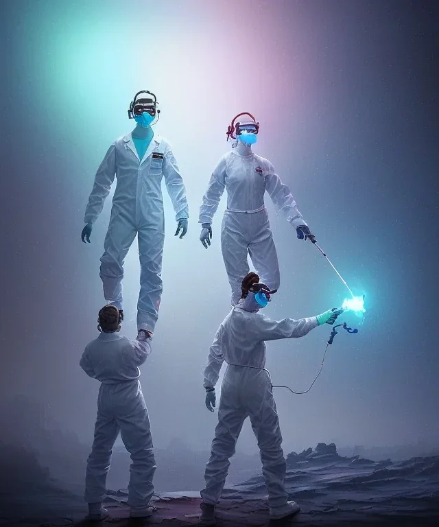 scientists create a new version of photoshop. they are wearing safety goggles and white clothes. lab. blue light from fluorescent lamps. color charts. hyperdetailed cool colors detailed painting acrylic art oil on canvas futuristic post-apocalyptic fantasy --test --creative