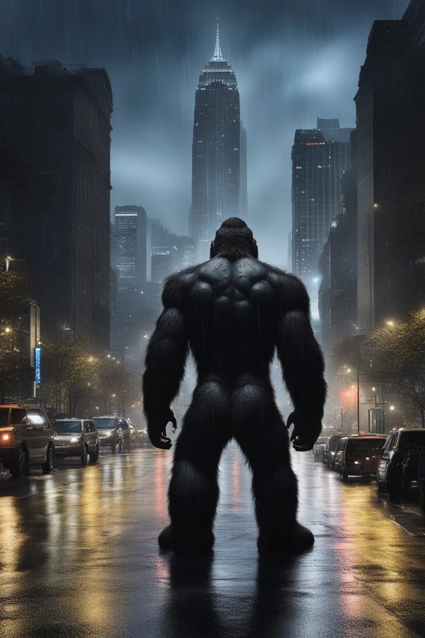 A giant king kong in a rainy night looking at the city
