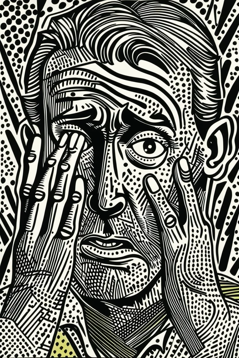 tribal man in grief with hands on face pencil draw style of roy lichtenstein