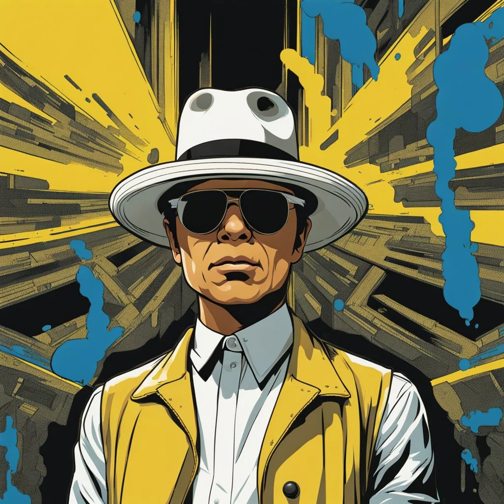 Gustavo Petro, comic style artwork, dark yellow, black and blue, wearing a wide-brimmed hat, wearing a white shirt, calm ando serious