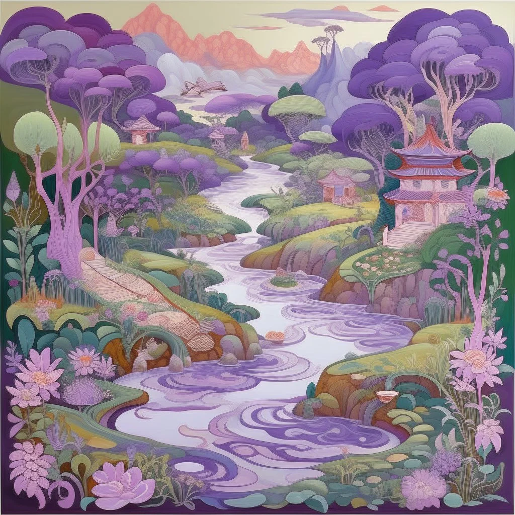 A light purple gorge with a swampy water river designed in Mexican folk art painted by Qiu Ying