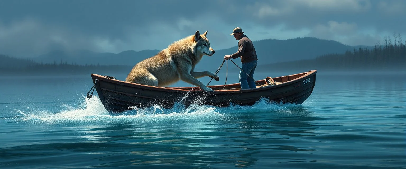 airbrush 3d rendering, wolf is being rescued from boat in lake