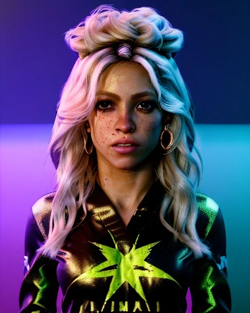 portrait, Shakira, blonde artist, angry, Realistic image, MMA robe, hoodie, mma gloves, fight pose, make-up make-up, gold line make-up, sweat, fog, goddess style, Neon colors, leds. Black background, photo studio, concept art, smooth, unreal engine 5, god lights, ray tracing, RTX, lumen lighting, ultra detail, volumetric lighting, 3d, finely drawn, high definition, 4k.