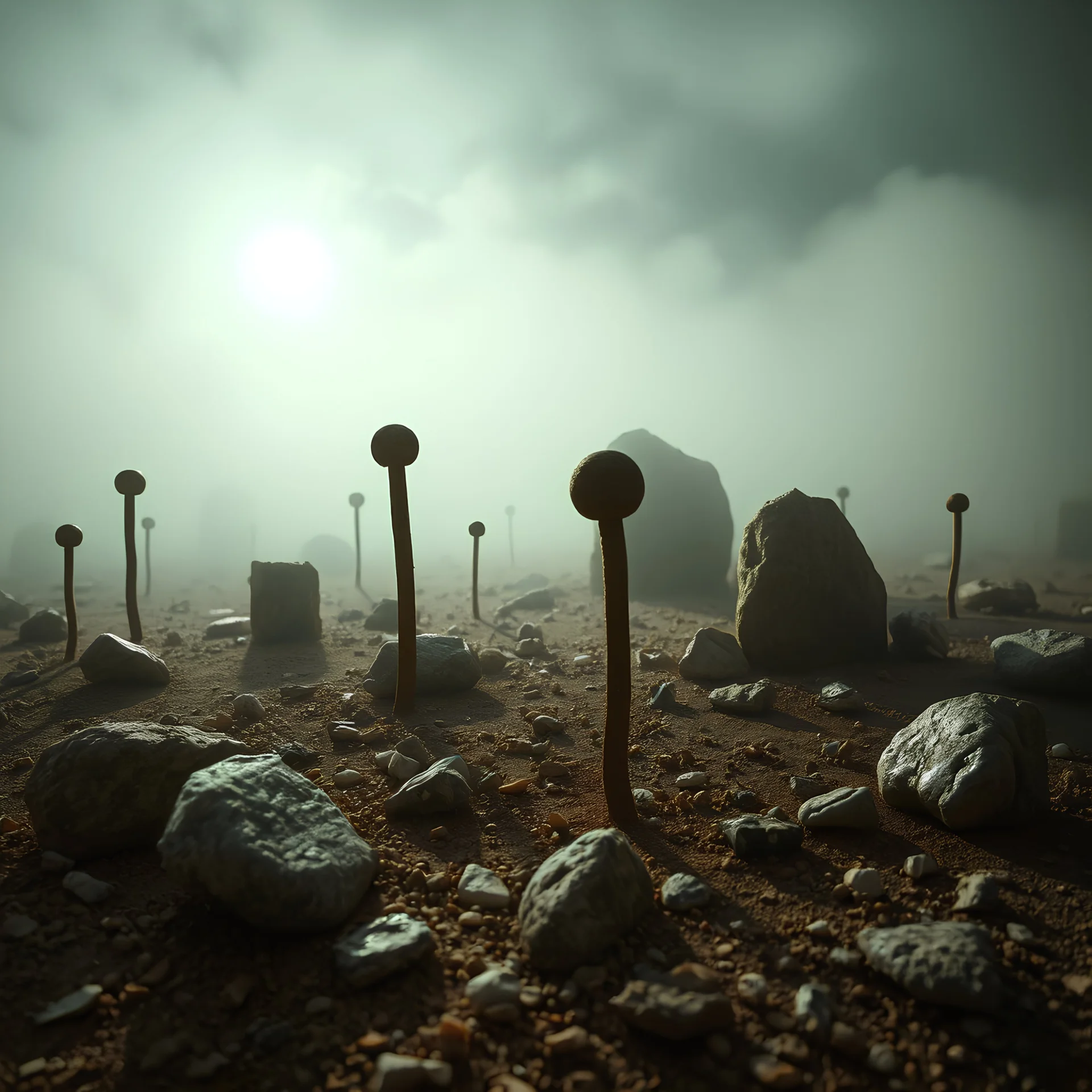 A striking quality close-up Ilford photograph captures a surreal wasteland with odd stones, odd spindle-shaped objects, spooky, creepy, details of the dust very accentuated, glossy, organic, adorned with minerals and rocks, fog. Bathed in feeble light, eerie, Giorgio De Chirico style, black sun, fog, volumetric light, octane render