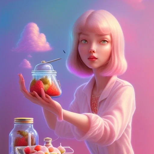 pixar style, realistic painting of a pretty housewife and a jar full with strawberry jam, kitchen in the background volumetric pink sky environment and background, volumetric lighting, dramatic lighting, detailed digital painting, extreme dense and fine, anime, ornate, colour-washed colors, elegant, small minutiae, tiny features, particulars, centered, smooth, sharp focus, renderman gofur render, 8k, uhd, detailed eyes, realistic shaded volumetric lighting, caustics, backlight