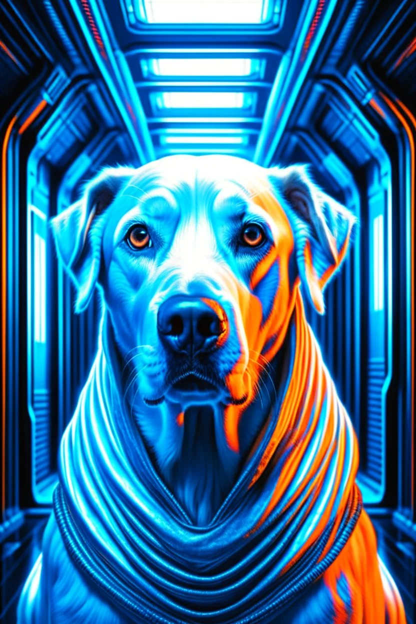 portrait of dog on a triplet in the style of giger, spraypaint, photorealism, trending on artstation, 8k, depth of field, downlight, lightrays, volumetric, white hall in spaceship, blue and orange