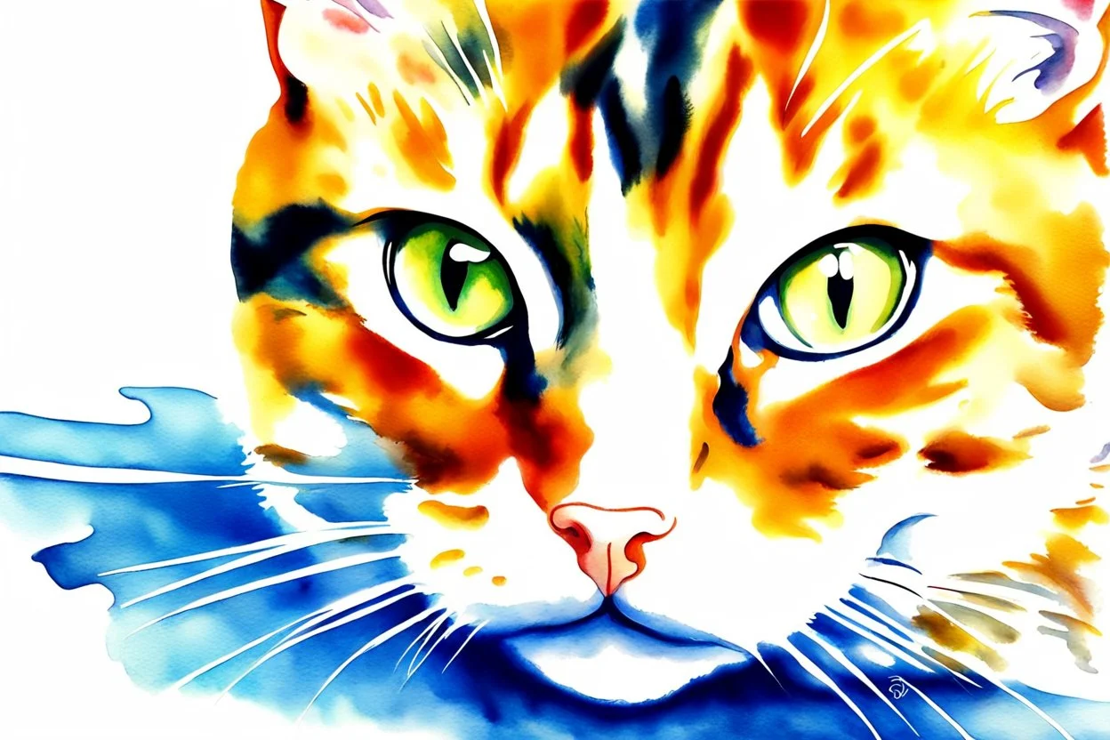 Golden ratio, ultra detailed watercolor painting, wet on wet painting, soft edges beautiful (((Masterpiece))) Create an image of a calico cat partially submerged in water, with its face and upper neck visible just above the surface. The cat has distinct patches of orange, black, and white fur, giving it a vibrant and colorful appearance. Its eyes are large and expressive, with a bright green hue that reflects the light filtering through the water. The background is a rich und