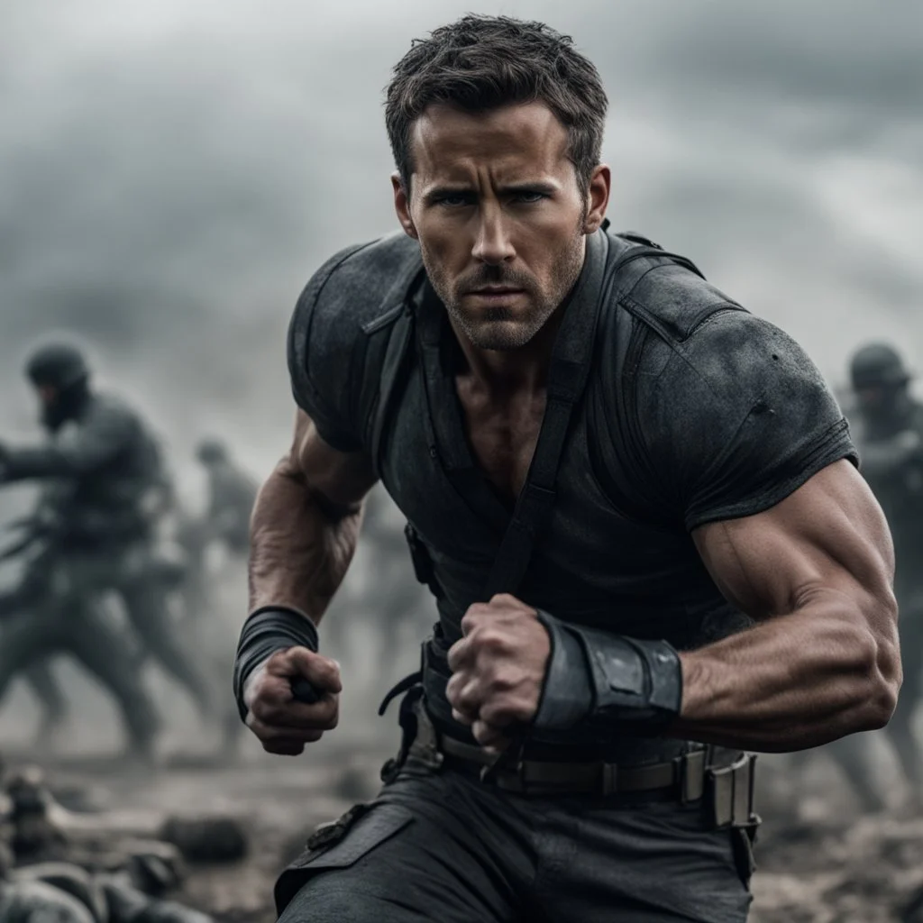 Hyper Realistic handsome-muscular-short-black-hair-Ryan-Reynolds fighting in a war sequence at dark-cloudy-day with dramatic-&-cinematic-ambiance