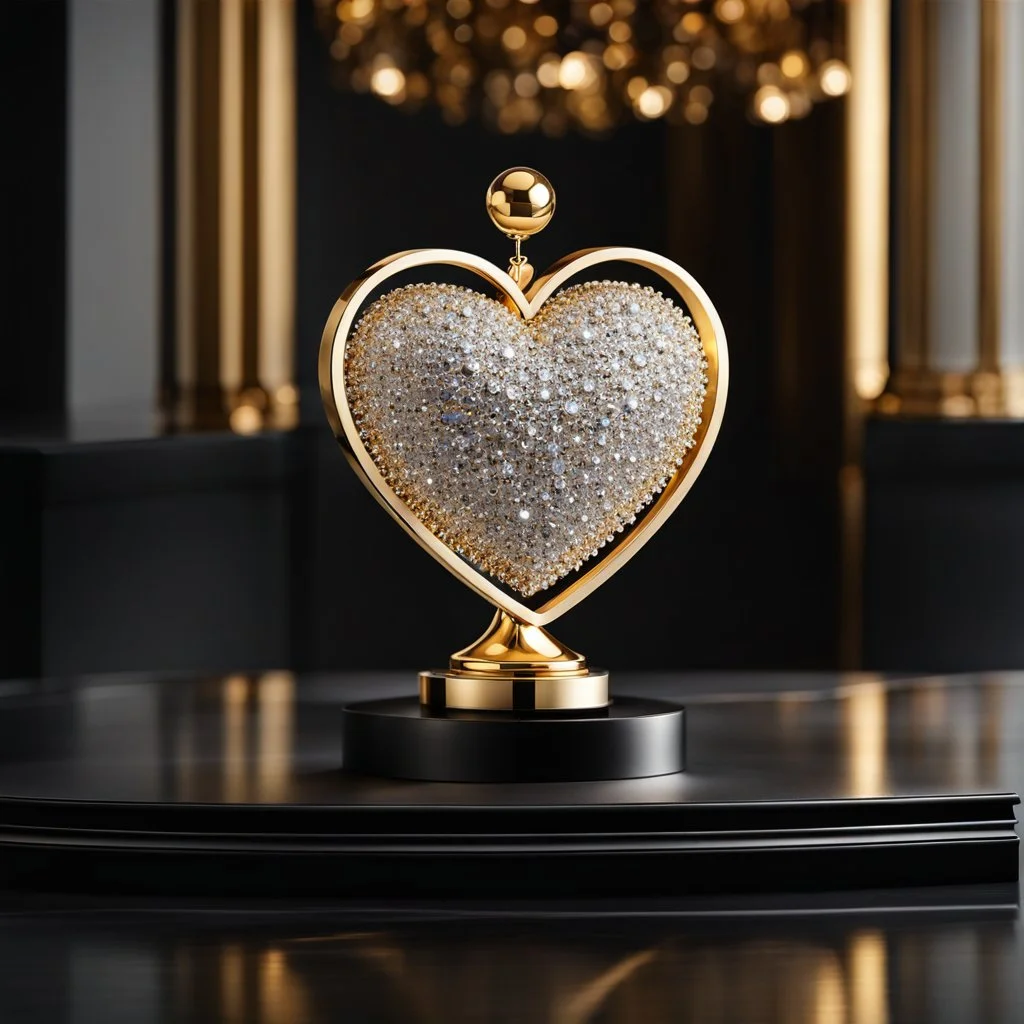 A magnificent golden and silver heart-shaped sign adorned with a stunning golden sphere encrusted with sparkling diamond clusters at its center, elegantly spinning in position.