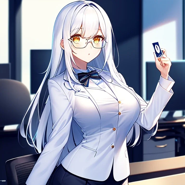 girl, masterpiece, best quality, volumetric lighting, detailed outfit, perfect eyes, long hair, white hair, vibrant golden eyes, office clothes, glasses, holding pin