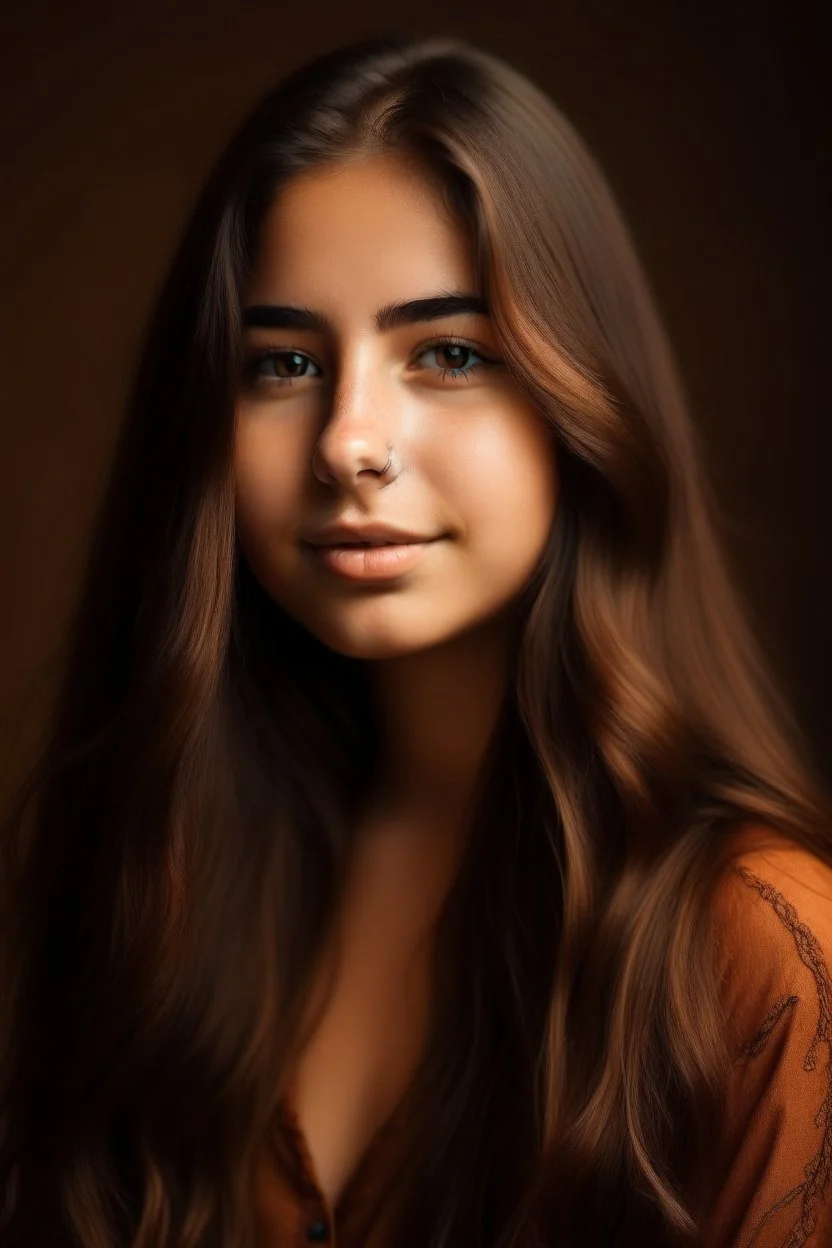 portrait of a beautiful 20 year old woman with caramel skin and long dark hair, curvy body, earthbound, warm-hearted