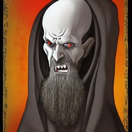 Nosferatu with tentacle beard grey skin and vampire fangs as a Russian Orthodox bishop