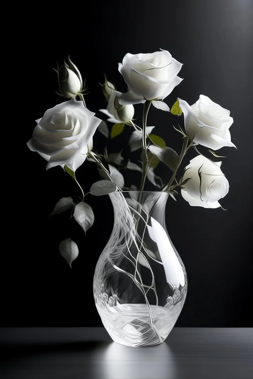 All white textured white transparent leaves of a rose on branch in a glassy vase