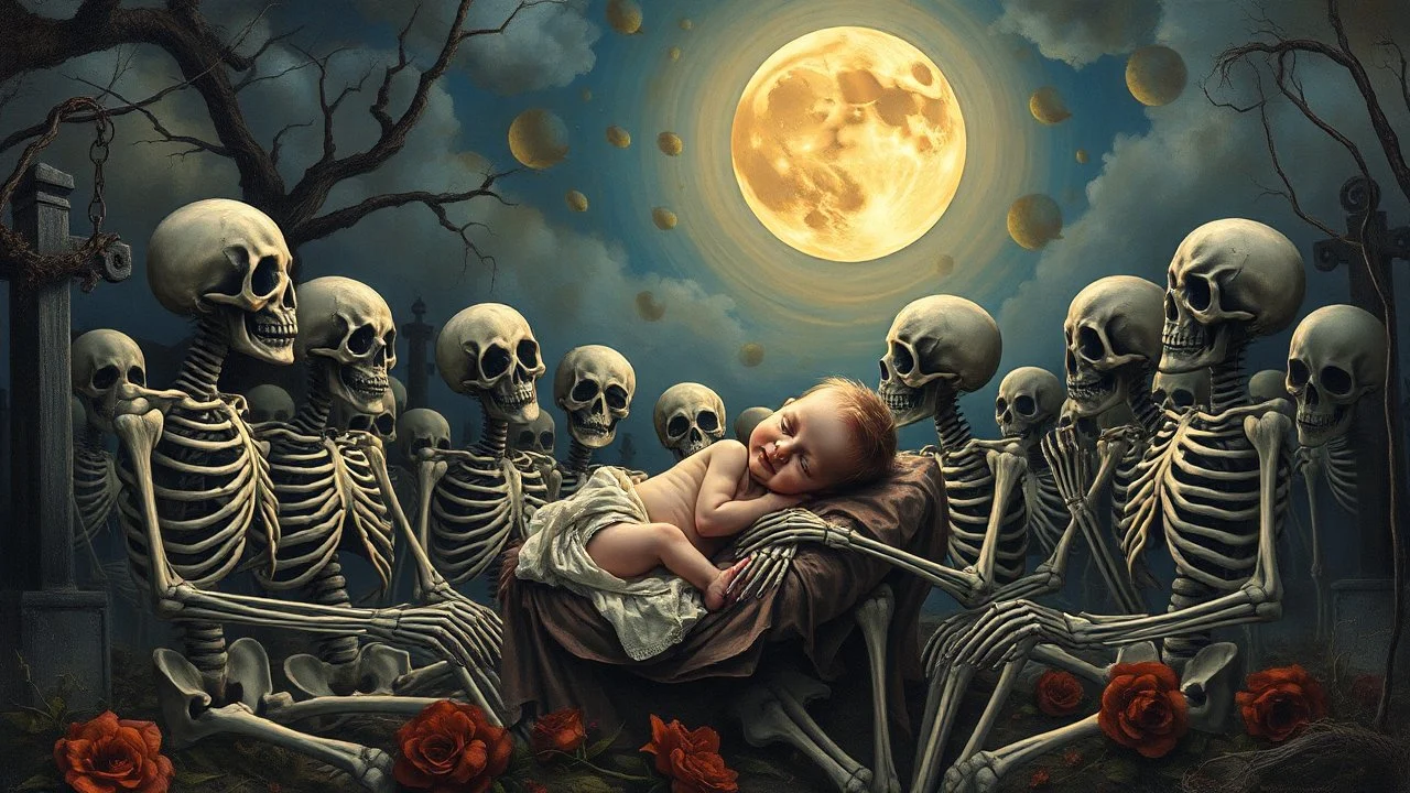 Born amidst a chorus of skeletons in a moonlit cemetery, the scene captures the momentous declaration of eternal love. The intricate image depicts a newborn, surrounded by skeletal figures, under a weeping yet joyful moon. This hauntingly beautiful painting showcases the delicate balance between life and death, with vivid colors and meticulous attention to detail. The overall quality of the artwork is superb, evoking a sense of both melancholy and enchantment.