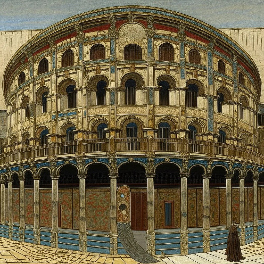 A beige coliseum with swords on the entrance painted by Gustav Klimt