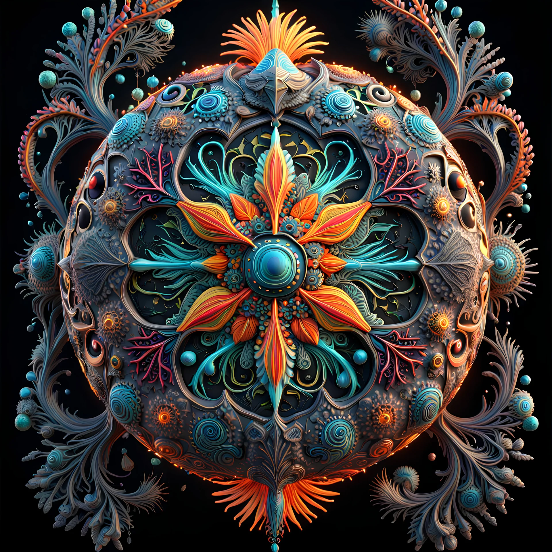 3D rendering of Expressively detailed and intricate of a hyperrealistic “neon vintage ornament”: side view, scientific, single object, vivid colour, sea creatures, black background, shamanism, cosmic fractals, octane render, 8k post-production, detailled metalic bones, dendritic, artstation: award-winning: professional portrait: atmospheric: commanding: fantastical: clarity: 16k: ultra quality: striking: brilliance: stunning colors: amazing depth