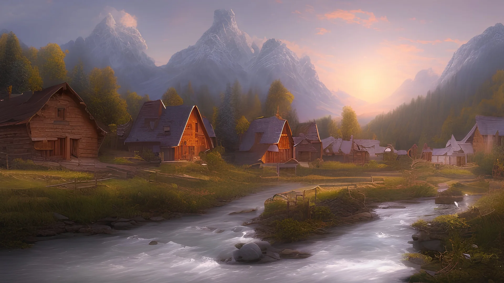 Looking across a fast-flowing dangerous river to a village of new wooden houses, school, church and farm buildings, and mountains in the far distance, highly detailed, realistic, sunshine, RTX