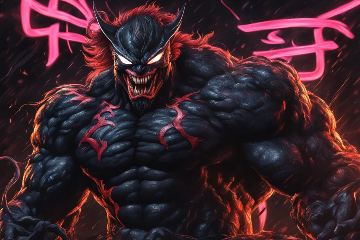 Venom Akuma in 8k Hayao Miyazaki draw style, street fighter them, neon effect, close picture, rain, highly detailed, high details, detailed portrait, masterpiece,ultra detailed, ultra quality