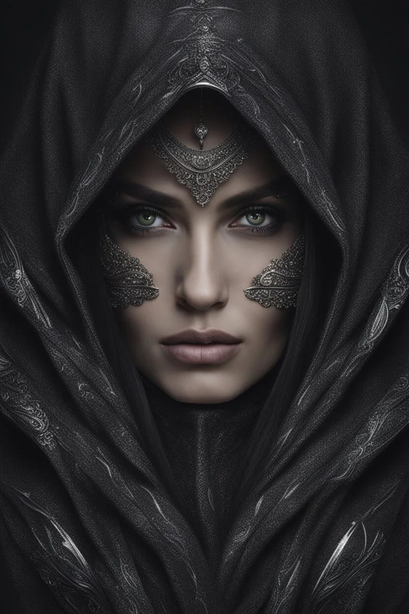 close up portrait shiny cat eyes woman, wearing dark hoodie, very detailed, sharp focus, random background, dark fantasy, stunning