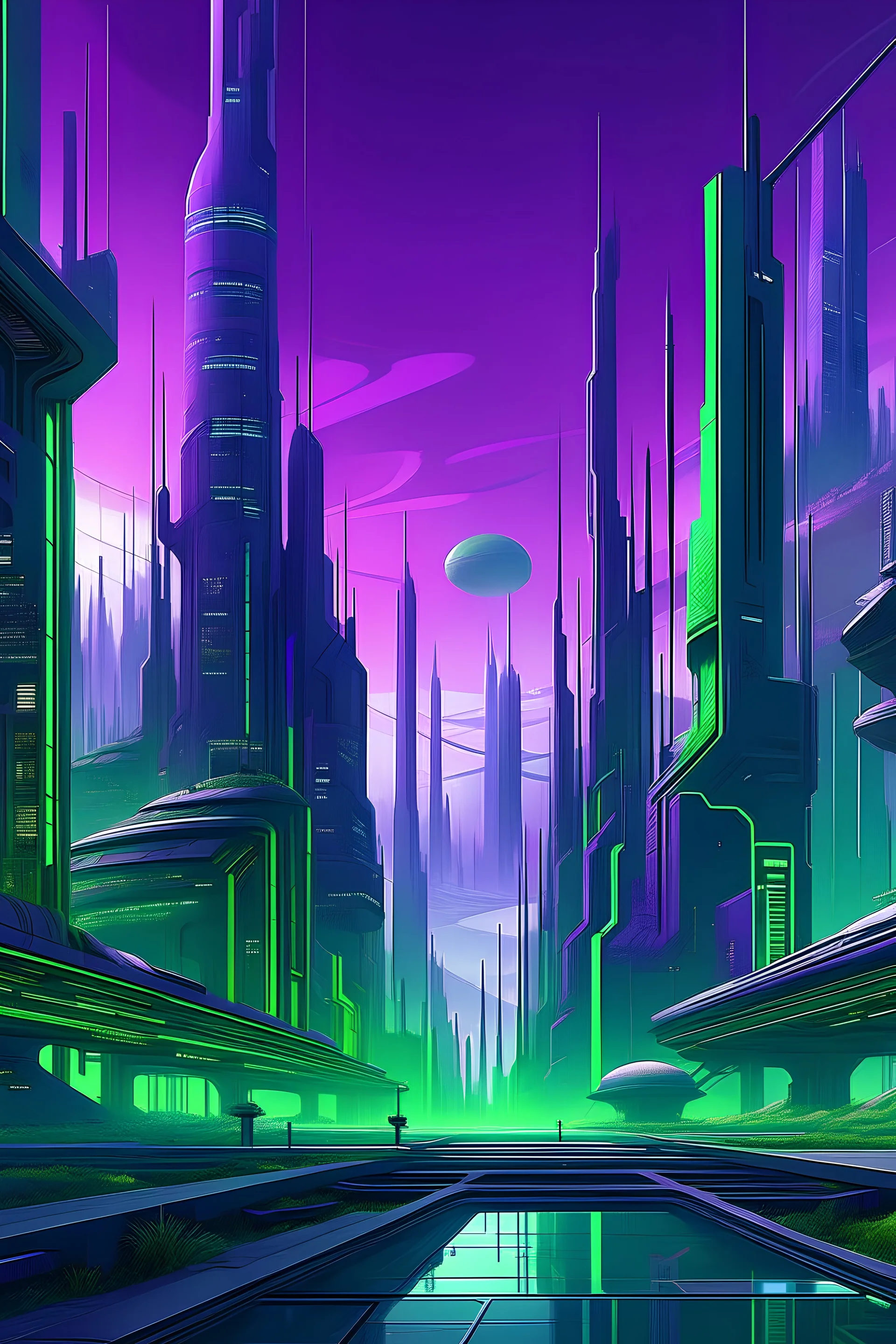 A futuristic hopeful busy city, purple and green color scheme.