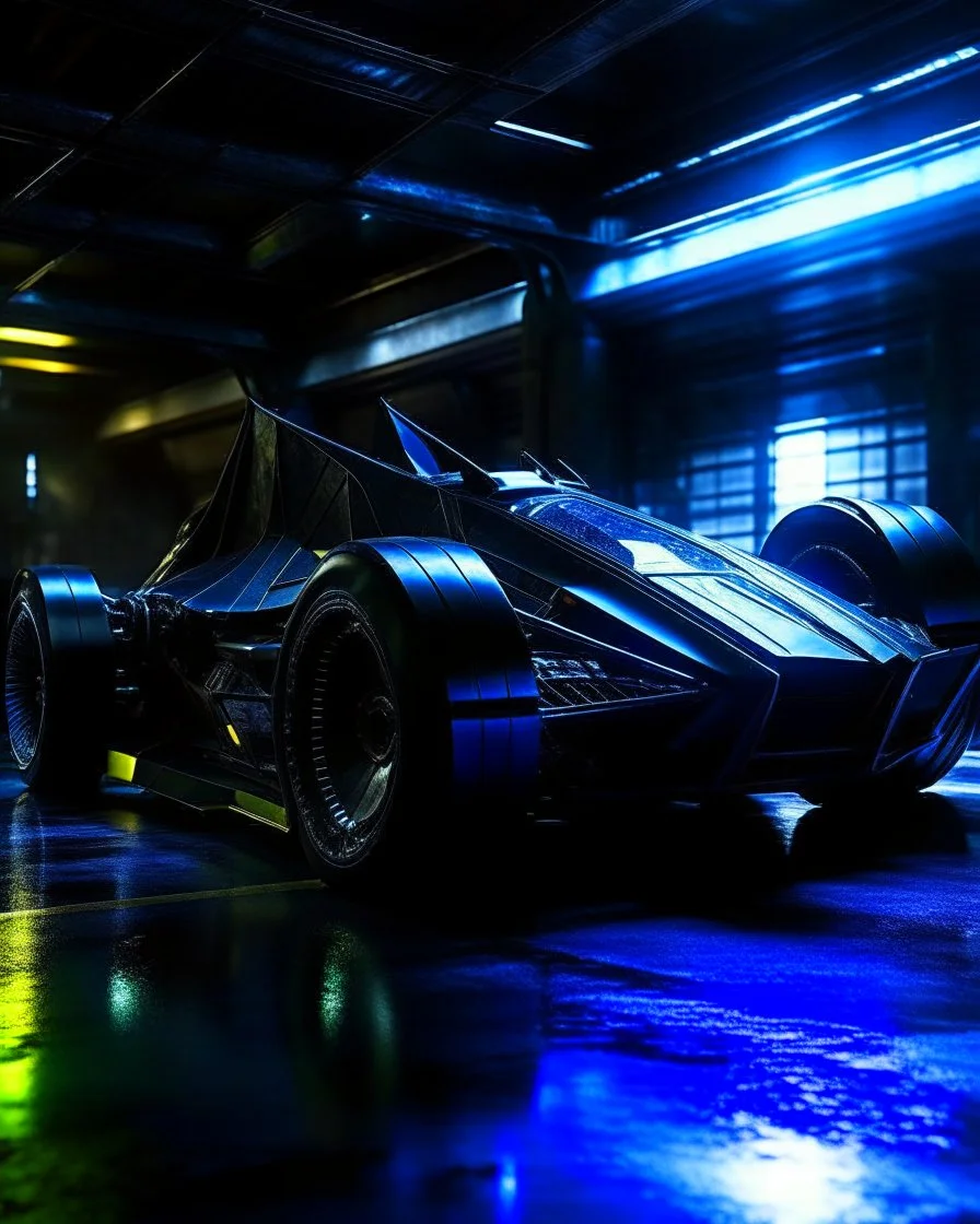 Length picture wide angle Batman driving futuristic vehicle that is even more intricate and visually striking than the one in the provided image. The vehicle should have advanced design elements such as sleek aerodynamics, neon lighting accents, and high-tech weaponry. It should be set against a dynamic urban backdrop that suggests a story of a high-stakes mission in progress.