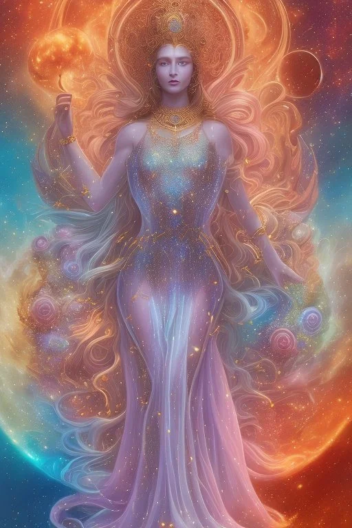 Create an image of a full body cosmic Goddess. The goddess should be depicted as a beautiful and powerful figure, surrounded by cosmic stars. Her hair should be long, blond and flowing, and she should be dressed in a flowing gown blue celestial robe. In the background, include imagery of pink flowers, blue sky,trees. The image should evoke a sense of joy, celebration, and spiritual connection to nature.