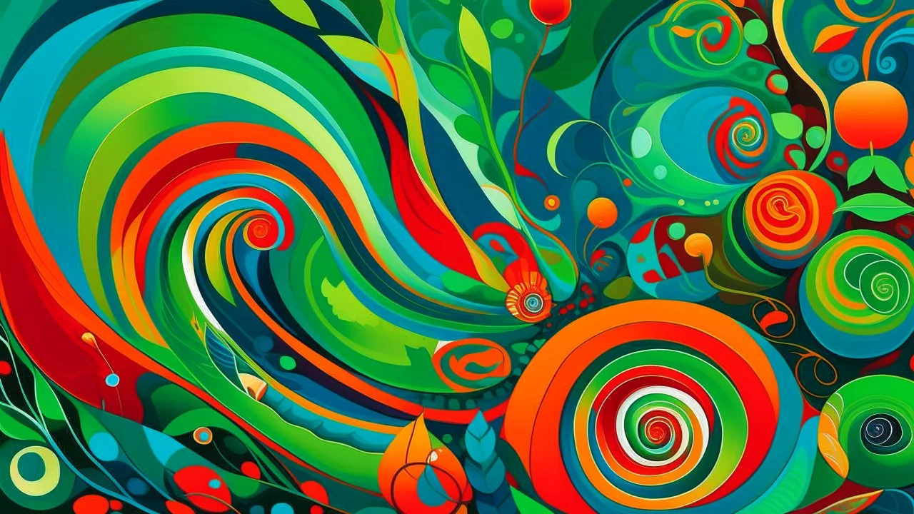 Abstract shapes with vibrant colors , featuring a large green form with a rounded head, adorned with red and black details . Surrounding it are swirling, colorful nautilus-like shells in orange and green , set against a dark blue background . The composition has a whimsical and surreal quality , with exaggerated forms and a playful arrangement