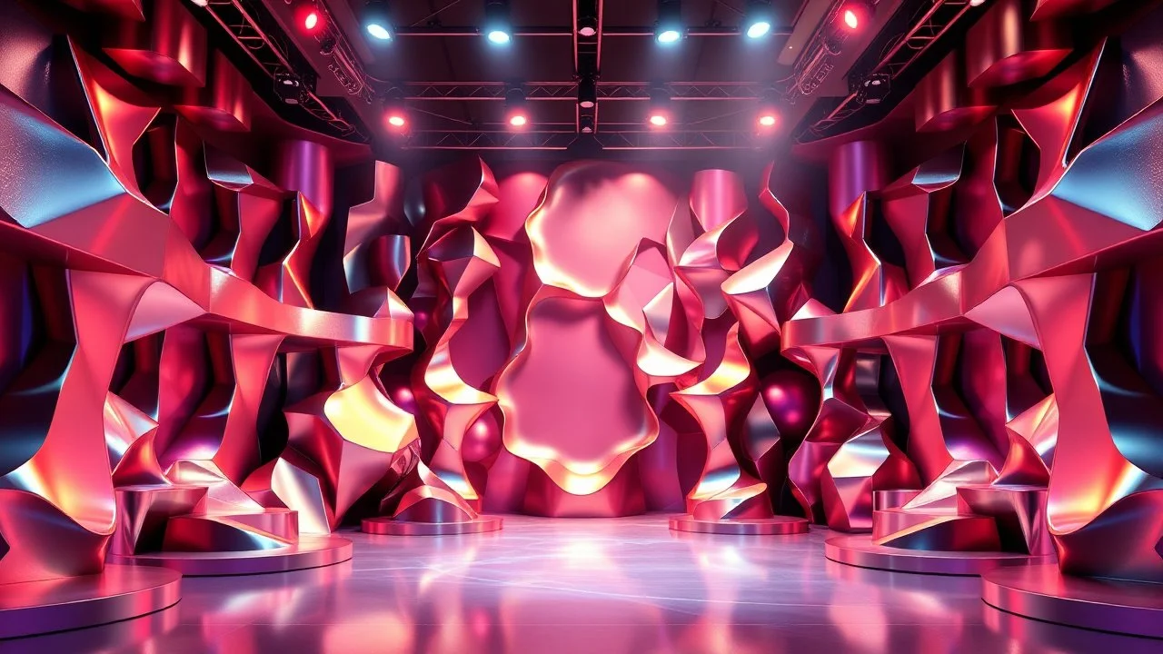a 3d fractal stage structre made of metallic color 3d structures, pertty artistc background,dynamic lights