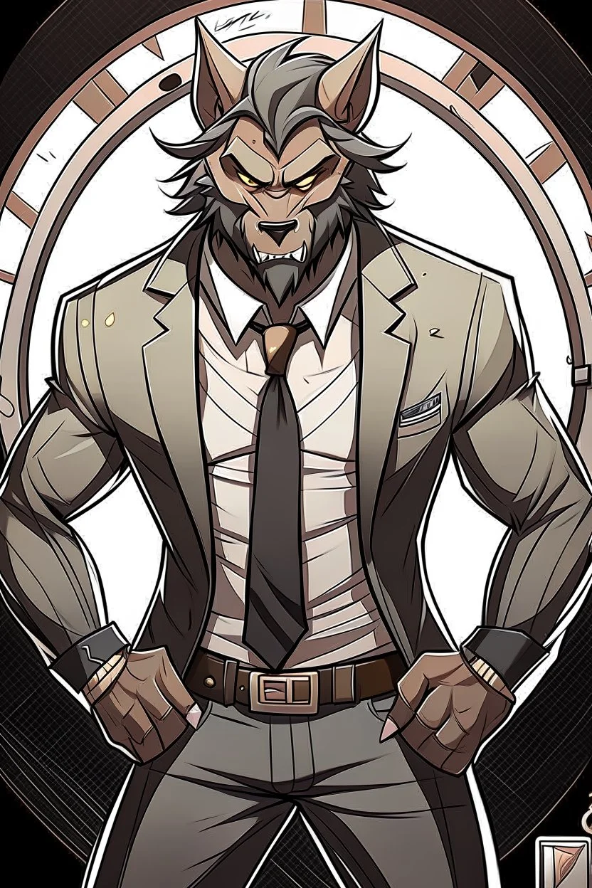 Buff, anthro, wolf, himbo, black fur, gold eyes, wearing a suit, full-body, muscles, strong, muscular, man boobs, bulky, tail, dark fur, smug grin, hands on hips,