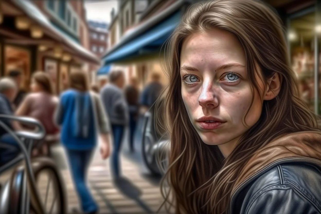 Huge realism photogrphic portrait, face details, on a central street of a European city, leaning on the wall of a cafeteria, a woman photorealistic style, lost gaze towards the sidewalk, behind blurreddynamism of cars, bicycles and pedestrians and shops, 16K, press photographic