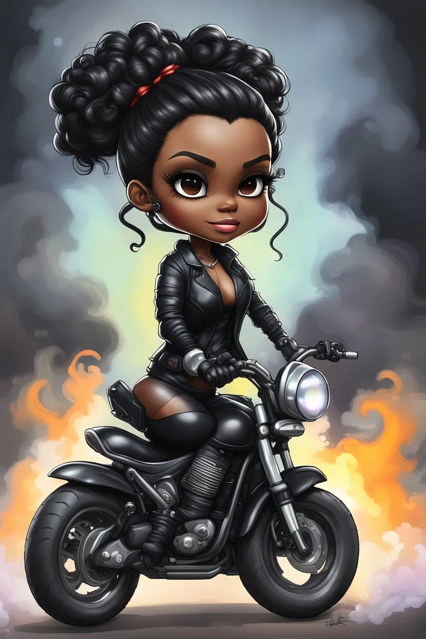 Create a digital airbrush illustration of a chibi cartoon full figure black female riding a sports motorcycle. She is wearing tie dye and black tights with biker boots. Prominent make up with log lashes and hazel eyes. Extremely highly detailed black shiny wavy hair up in a messy bun. Background of smoke surrounding her and the bike and she's at a bike show.