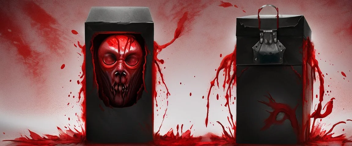 a faceless creature covered in blood holding up an empty black box