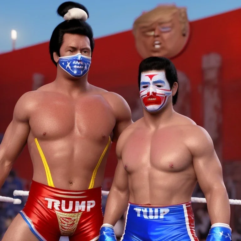 Realistic image of Donald trump wrestler, Mexican wrestling style, Mexican wrestling eyes mask, red and blue breeches, glow confederate flag dress, suspenders, retro style, 80s, vibrant color, highly detailed, sky background, concept art, unreal engine 5, god rays, ray tracing, RTX, lumen lighting, ultra detail, volumetric lighting, 3d, finely drawn, high definition, high resolution.