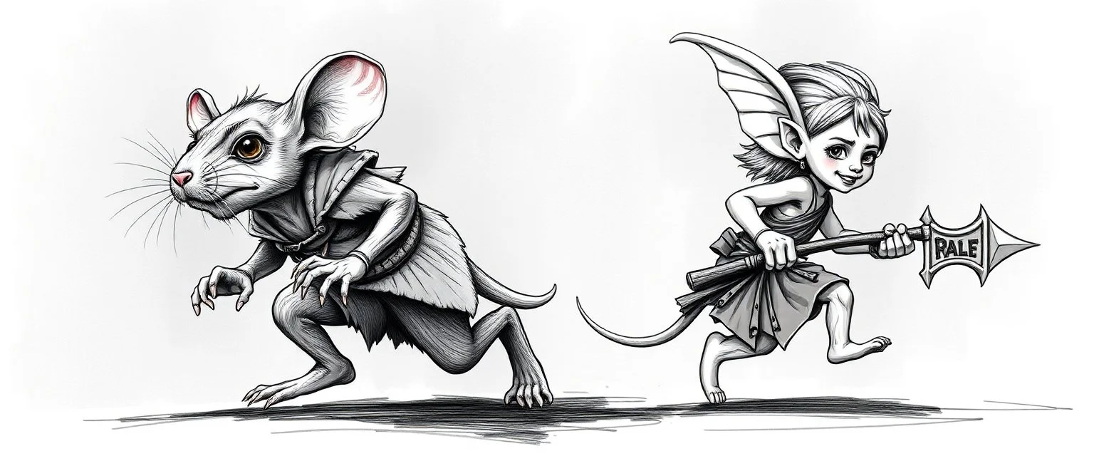 rat gremlin elf halfling pixie runner, airbrush and pen outline, realistic 3d rendering with high contrast blurred pattern background
