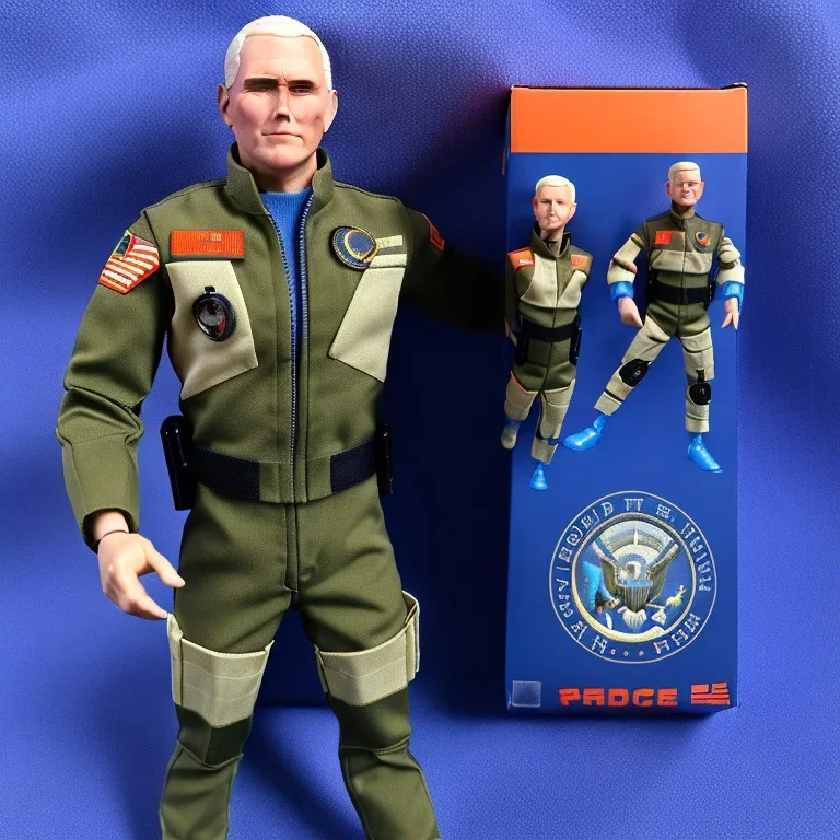 Mike Pence G.I. Joe toy Doll space force uniform, orange blue fabric, guns, wall packaging for sale, bright pricetag, empty box