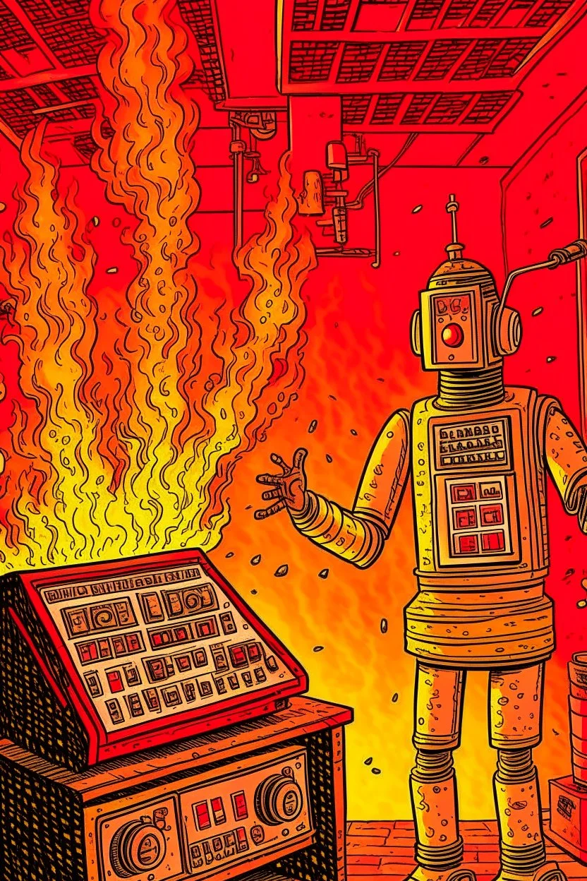 Fire starts in a radio studio, there are two characters, a metal fan radio host who continues the show, the robot sets fire.