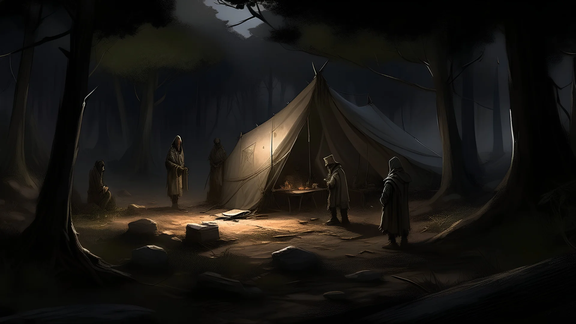 The friends arrive at their carefully chosen hunting spot, a dark area hidden in the shadows of dense trees. The light reflected from the moon casts a soft glow on the ground wet from the night dew, as they arrange their camp in this deserted place. They release the tent flaps, spreading the thick blankets on the dusty ground. The shady branches lean toward the place majestically, their leaves dancing with the quiet sounds of the night. The small flame of the campfire illuminates their surround